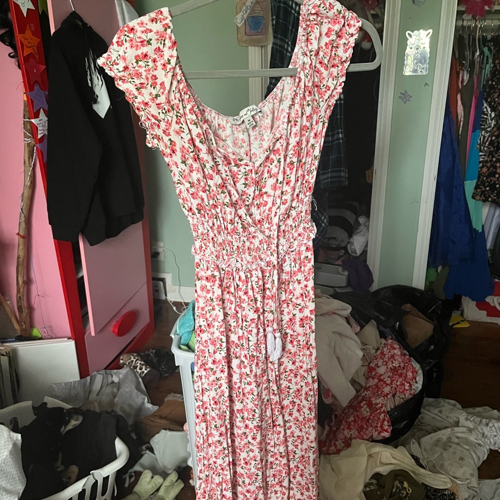 Red and White Tie Front Ruffled Maxi Dress